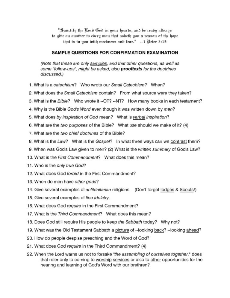 Sample Questions for Confirmation Examination Concordia Lutheran